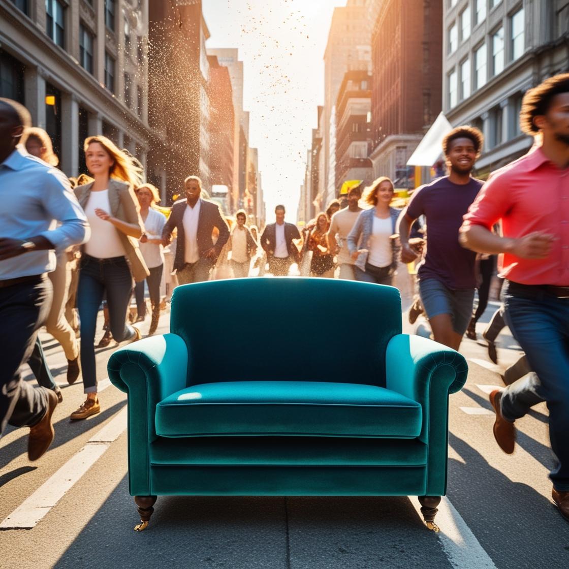 a therapy couch in the middle of a busy street